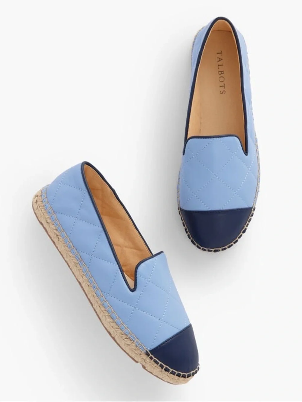 TALBOTS IZZY QUILTED TRANQUIL BLUE/NAVY CAP TOE ESPADRILLE SHOES SZ 9.5 MED